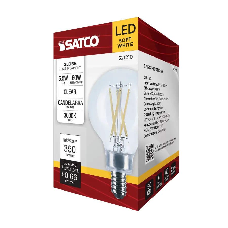 5.5 Watt G16.5 LED Filament - Clear - Candelabra base - 90 CRI - 3000K - 120 Volt - Image 7