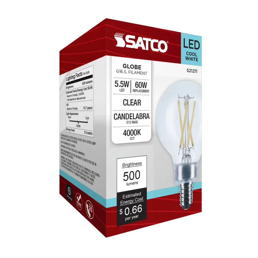 5.5 Watt G16.5 LED Filament - Clear - Candelabra base - 90 CRI - 4000K - 120 Volt - Image 8
