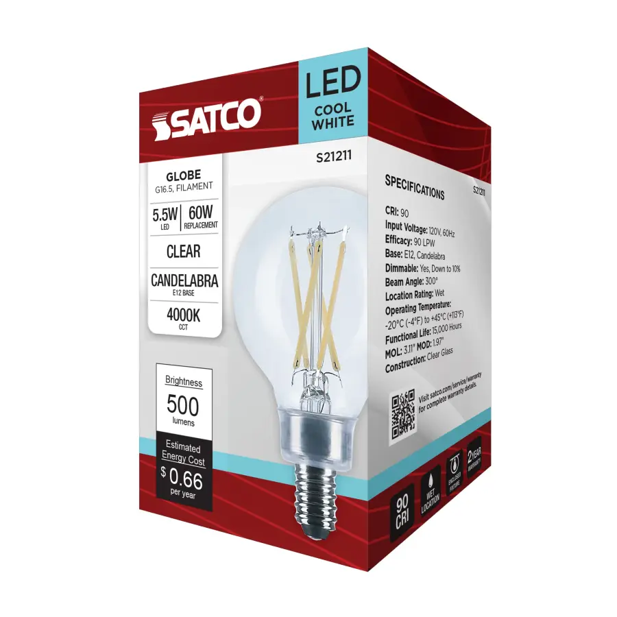 5.5 Watt G16.5 LED Filament - Clear - Candelabra base - 90 CRI - 4000K - 120 Volt - Image 9