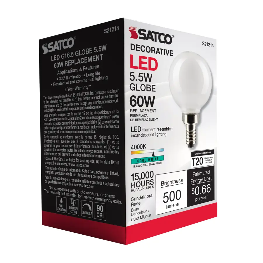 5.5 Watt G16.5 LED Filament - White - Candelabra base - 90 CRI - 4000K - 120 Volt - Image 8