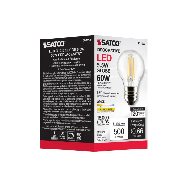 5.5 Watt G16.5 LED Filament - Clear - Medium base - 90 CRI - 2700K - 120 Volt - Image 9