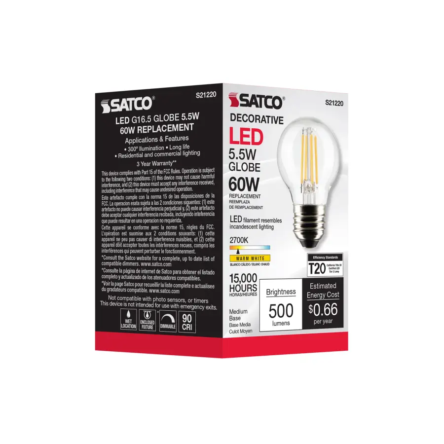 5.5 Watt G16.5 LED Filament - Clear - Medium base - 90 CRI - 2700K - 120 Volt - Image 9