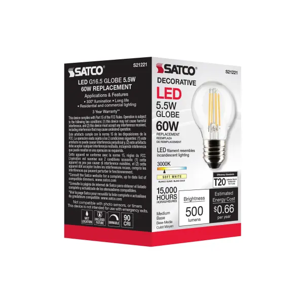 5.5 Watt G16.5 LED Filament - Clear - Medium base - 90 CRI - 3000K - 120 Volt - Image 9