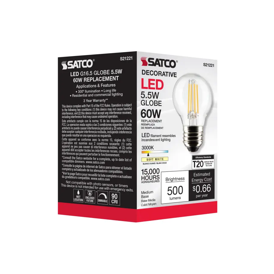 5.5 Watt G16.5 LED Filament - Clear - Medium base - 90 CRI - 3000K - 120 Volt - Image 9
