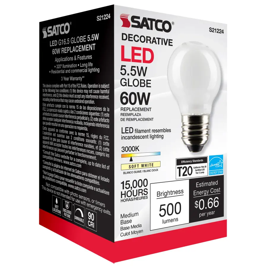 5.5 Watt G16.5 LED Filament - White - Medium base - 90 CRI - 3000K - 120 Volt - Image 9