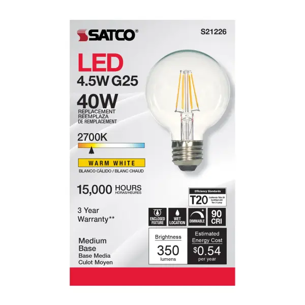4.5 Watt G25 LED Filament - Clear - Medium base - 90 CRI - 2700K - 120 Volt - Image 5