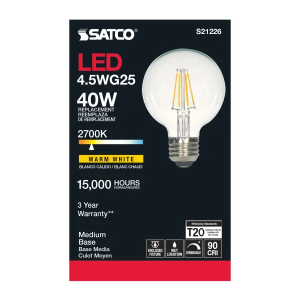 4.5 Watt G25 LED Filament - Clear - Medium base - 90 CRI - 2700K - 120 Volt - Image 6