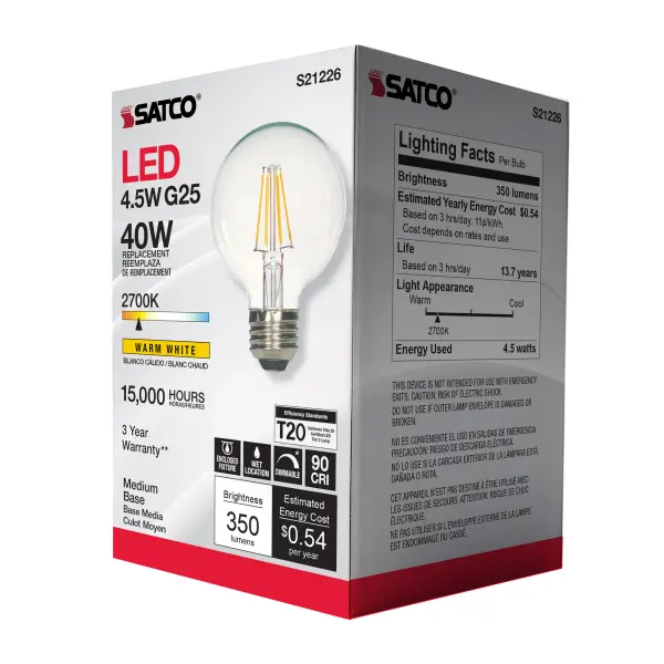 4.5 Watt G25 LED Filament - Clear - Medium base - 90 CRI - 2700K - 120 Volt - Image 10