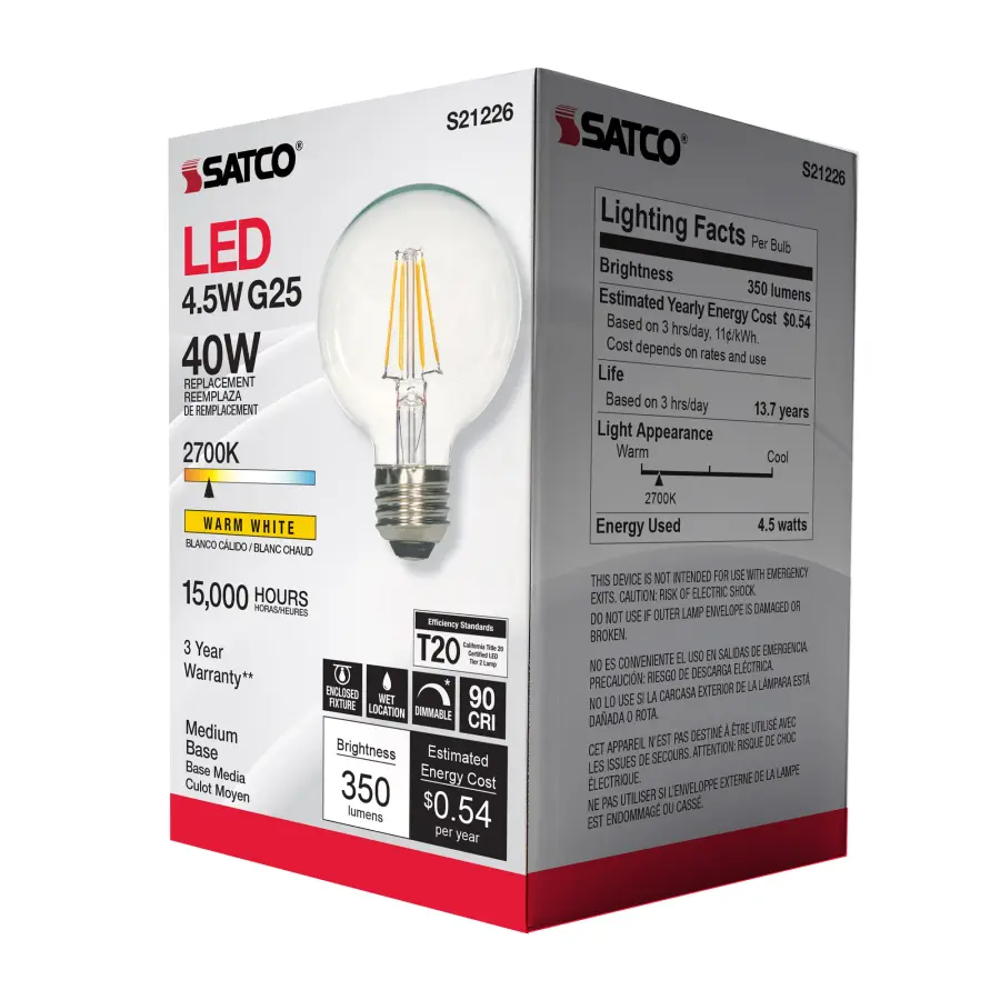 4.5 Watt G25 LED Filament - Clear - Medium base - 90 CRI - 2700K - 120 Volt - Image 10