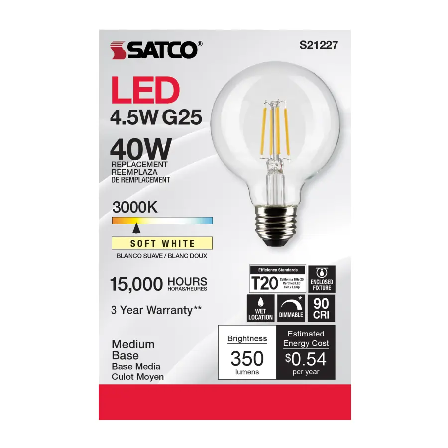 4.5 Watt G25 LED Filament - Clear - Medium base - 90 CRI - 3000K - 120 Volt - Image 4