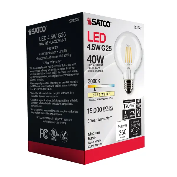 4.5 Watt G25 LED Filament - Clear - Medium base - 90 CRI - 3000K - 120 Volt - Image 8