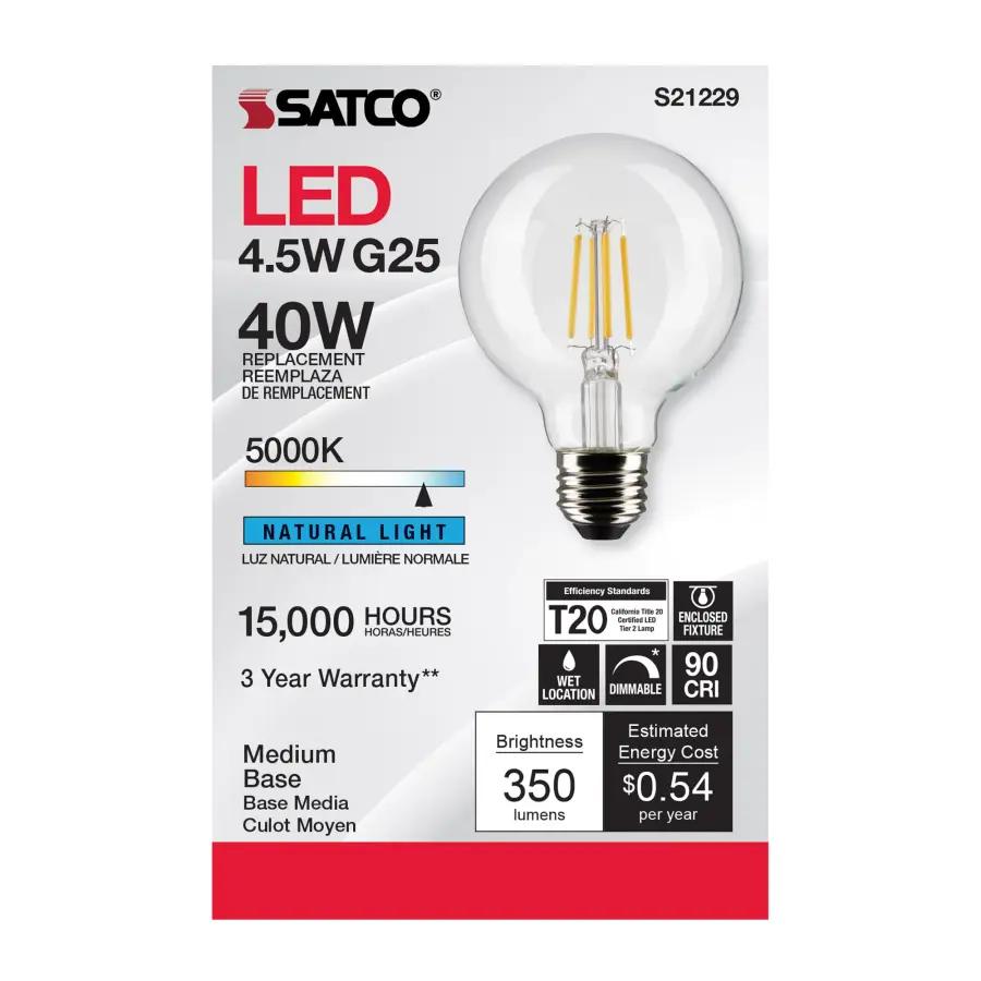 4.5 Watt G25 LED Filament - Clear - Medium base - 90 CRI - 5000K - 120 Volt - Image 4
