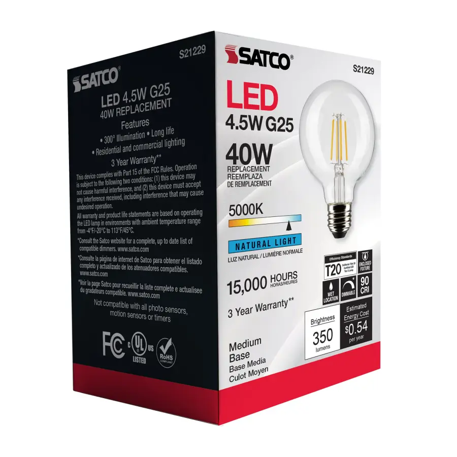 4.5 Watt G25 LED Filament - Clear - Medium base - 90 CRI - 5000K - 120 Volt - Image 8