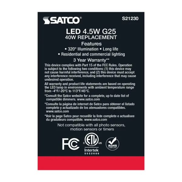 4.5 Watt G25 LED Filament - White - Medium base - 90 CRI - 2700K - 120 Volt - Image 7