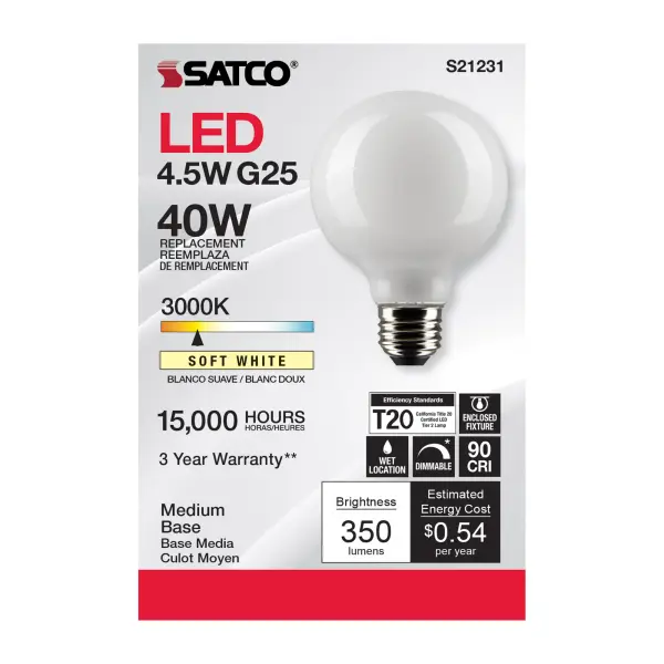 4.5 Watt G25 LED Filament - White - Medium base - 90 CRI - 3000K - 120 Volt - Image 4