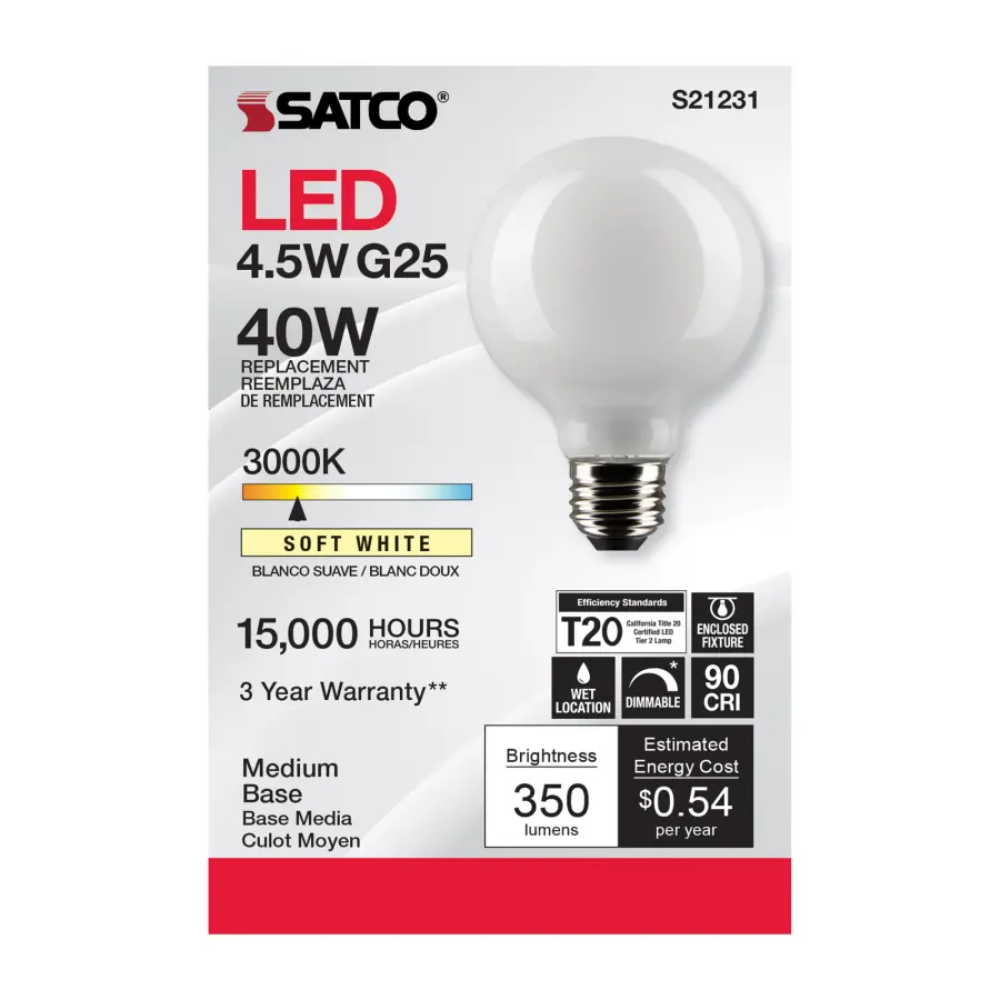 4.5 Watt G25 LED Filament - White - Medium base - 90 CRI - 3000K - 120 Volt - Image 4