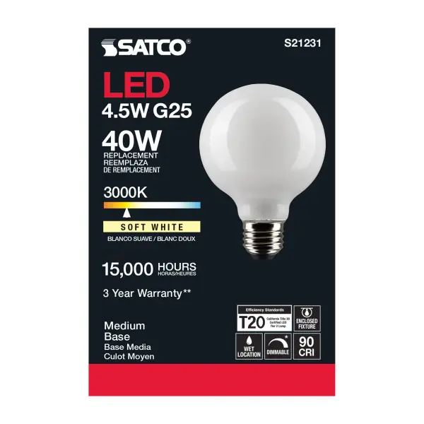 4.5 Watt G25 LED Filament - White - Medium base - 90 CRI - 3000K - 120 Volt - Image 5