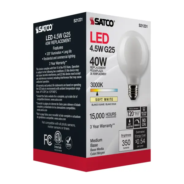 4.5 Watt G25 LED Filament - White - Medium base - 90 CRI - 3000K - 120 Volt - Image 9