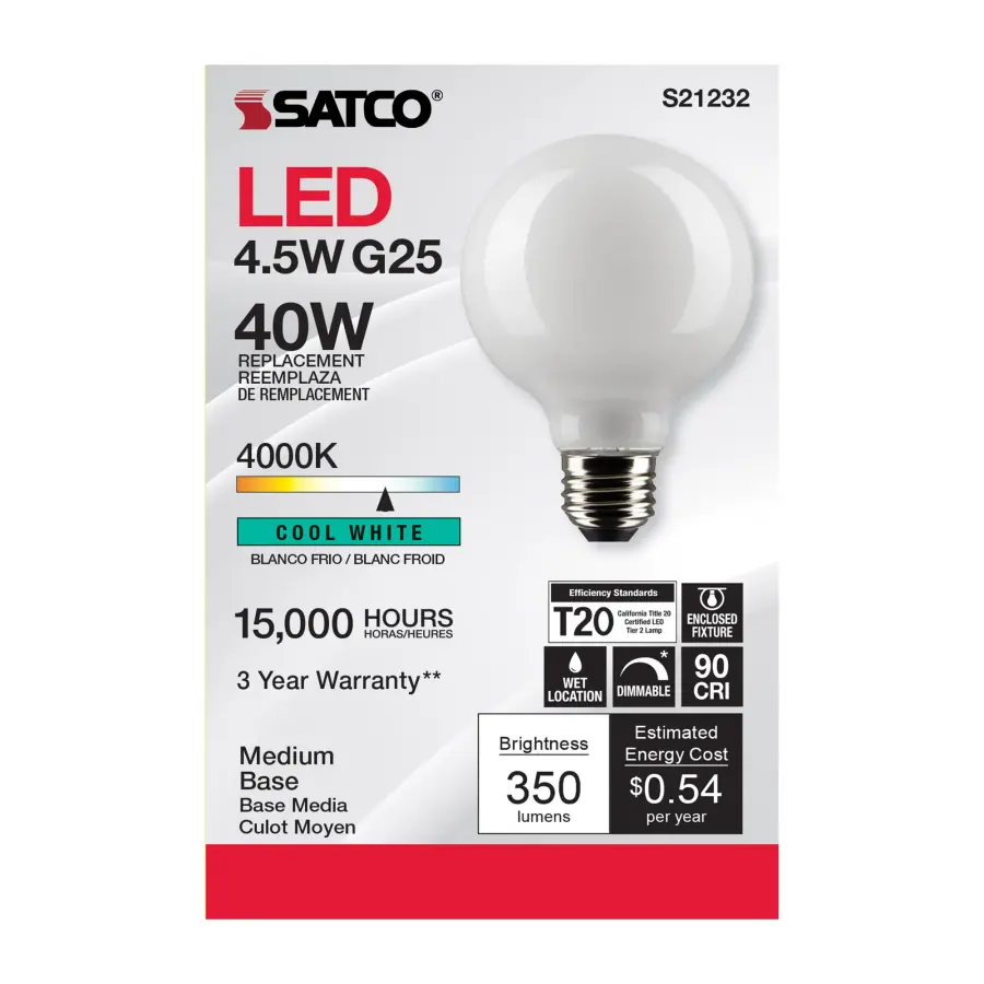 4.5 Watt G25 LED Filament - White - Medium base - 90 CRI - 4000K - 120 Volt - Image 4