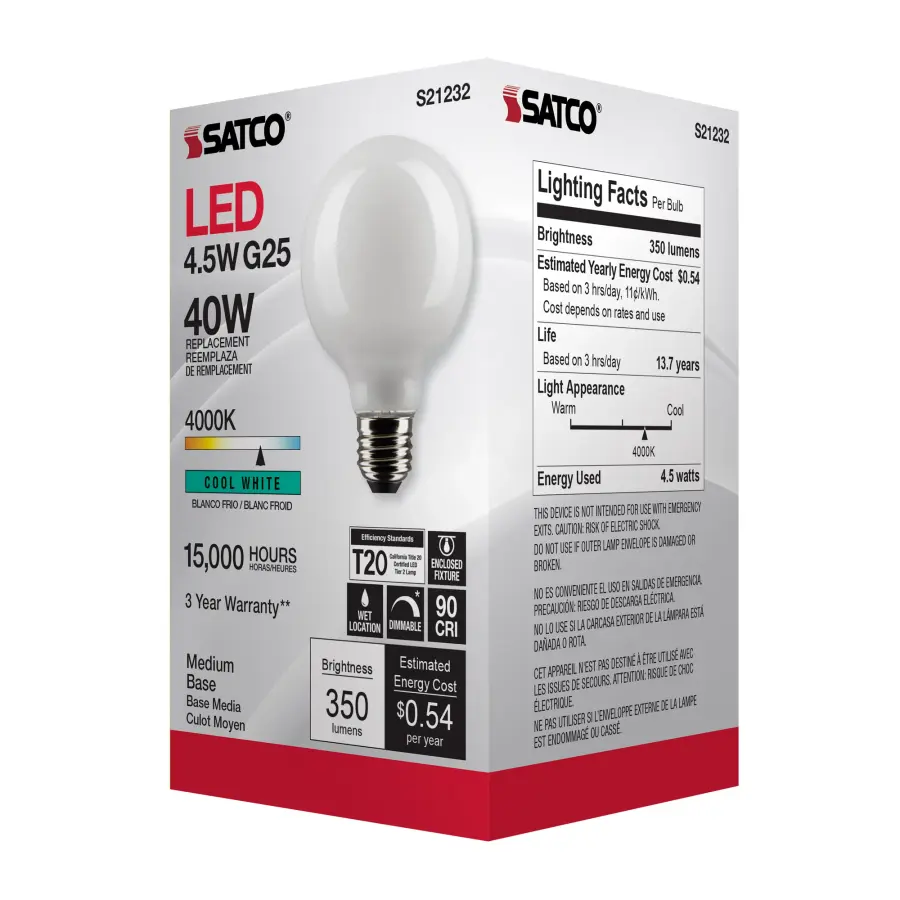 4.5 Watt G25 LED Filament - White - Medium base - 90 CRI - 4000K - 120 Volt - Image 8