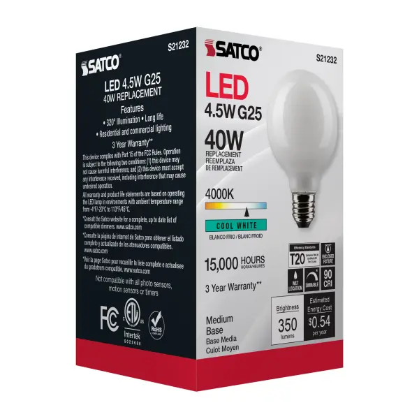 4.5 Watt G25 LED Filament - White - Medium base - 90 CRI - 4000K - 120 Volt - Image 9