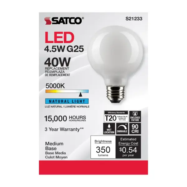 4.5 Watt G25 LED Filament - White - Medium base - 90 CRI - 5000K - 120 Volt - Image 4