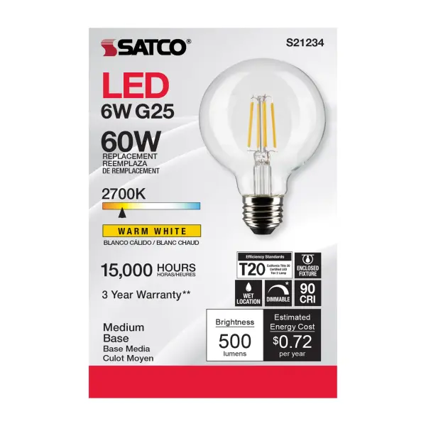 6 Watt G25 LED Filament - Clear - Medium base - 90 CRI - 2700K - 120 Volt - Image 4