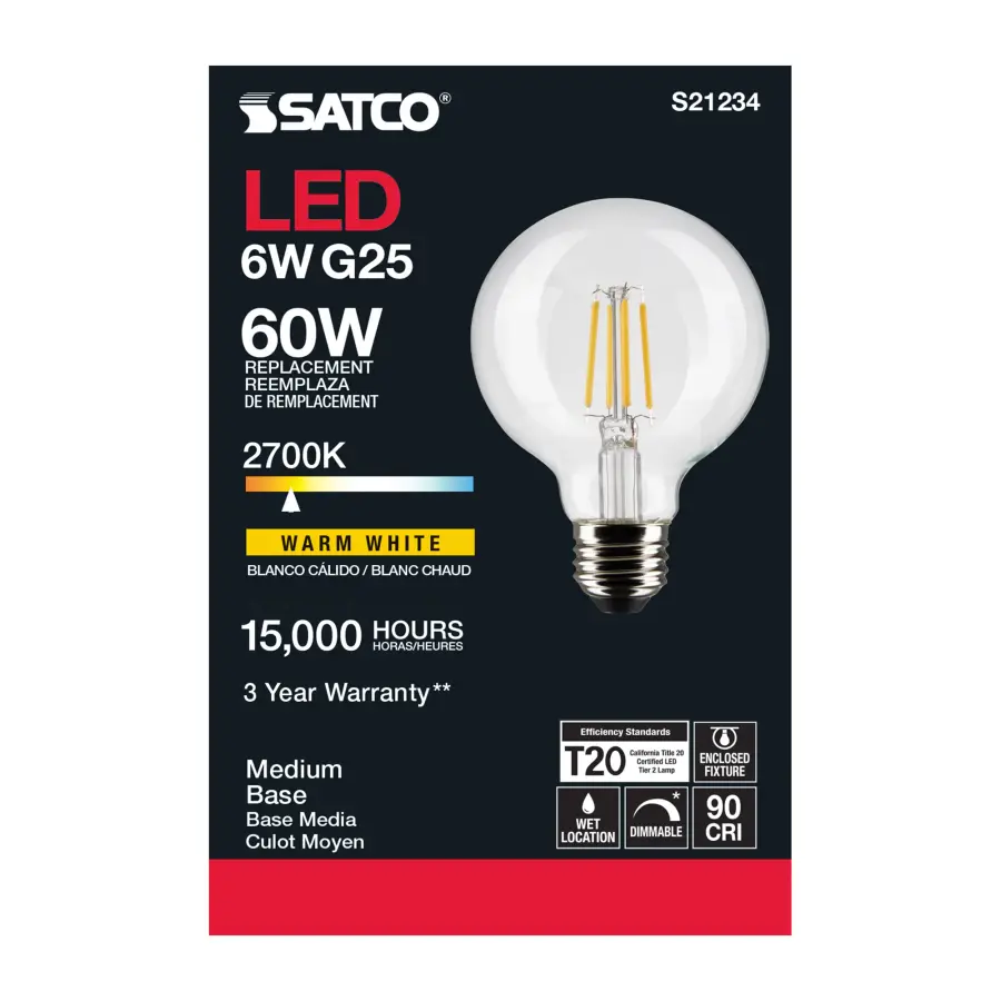 6 Watt G25 LED Filament - Clear - Medium base - 90 CRI - 2700K - 120 Volt - Image 5