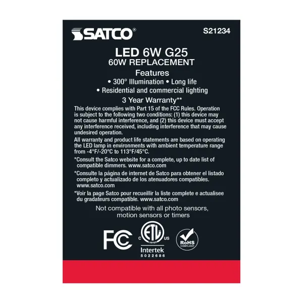 6 Watt G25 LED Filament - Clear - Medium base - 90 CRI - 2700K - 120 Volt - Image 7