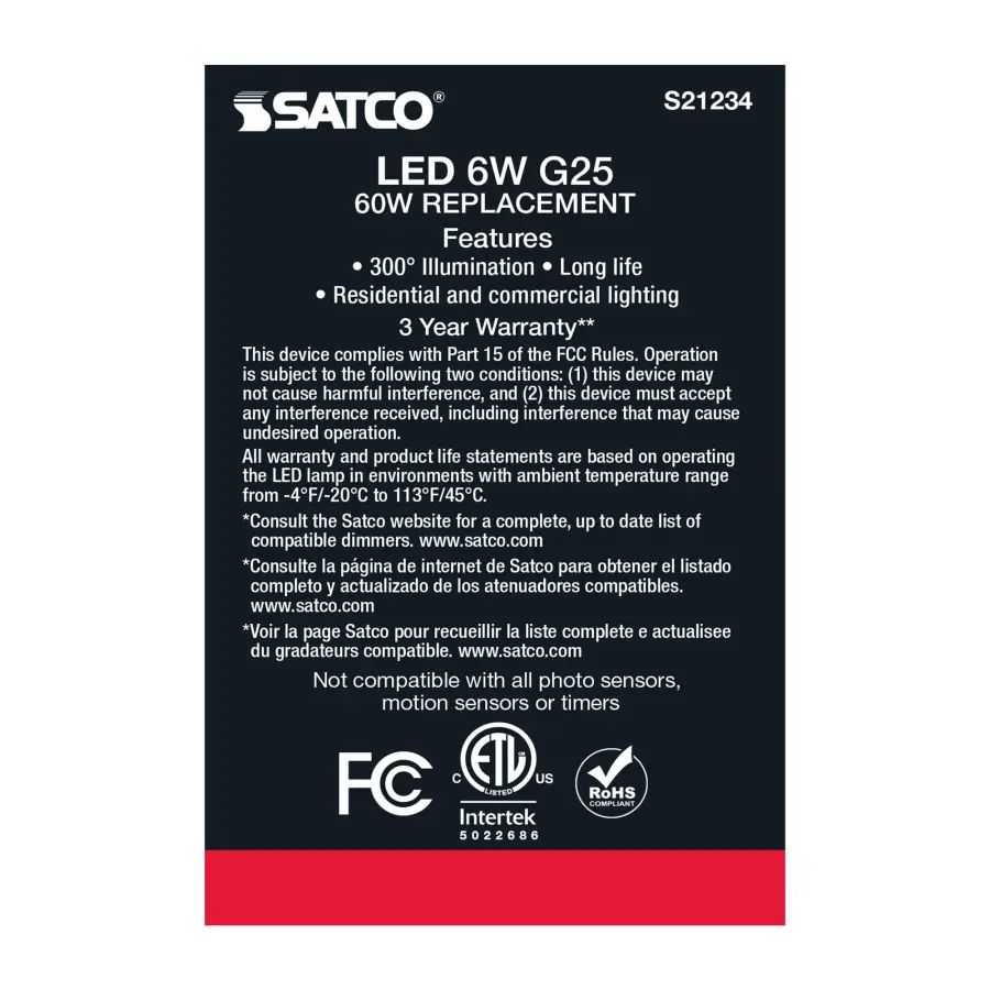 6 Watt G25 LED Filament - Clear - Medium base - 90 CRI - 2700K - 120 Volt - Image 7