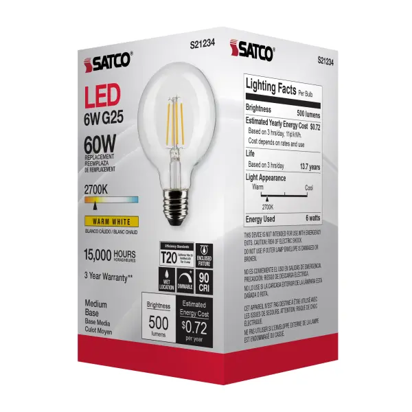 6 Watt G25 LED Filament - Clear - Medium base - 90 CRI - 2700K - 120 Volt - Image 8