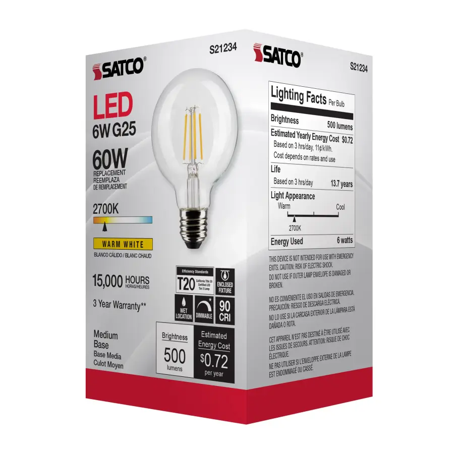 6 Watt G25 LED Filament - Clear - Medium base - 90 CRI - 2700K - 120 Volt - Image 8