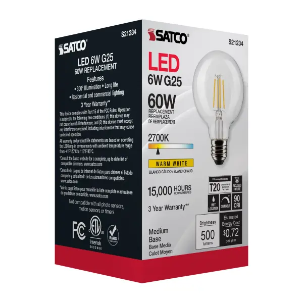 6 Watt G25 LED Filament - Clear - Medium base - 90 CRI - 2700K - 120 Volt - Image 10