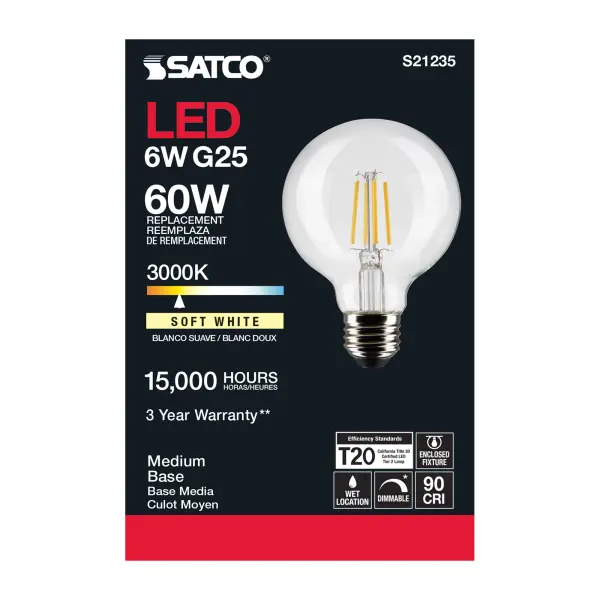 6 Watt G25 LED Filament - Clear - Medium base - 90 CRI - 3000K - 120 Volt - Image 5