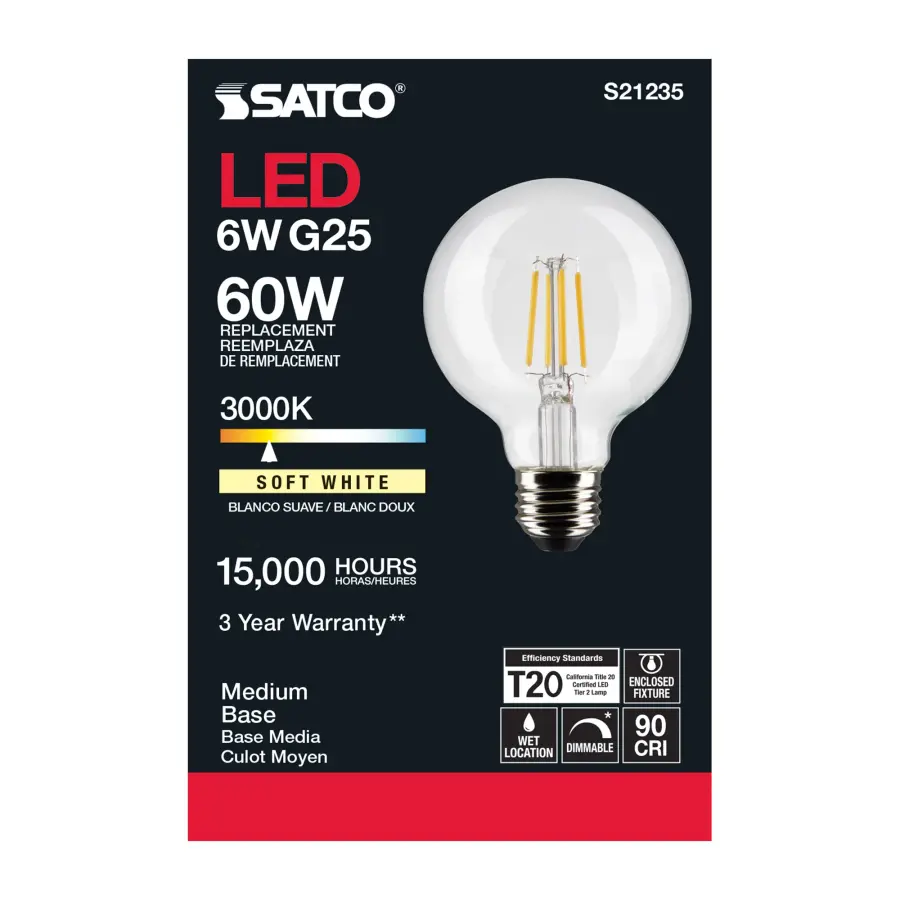 6 Watt G25 LED Filament - Clear - Medium base - 90 CRI - 3000K - 120 Volt - Image 5