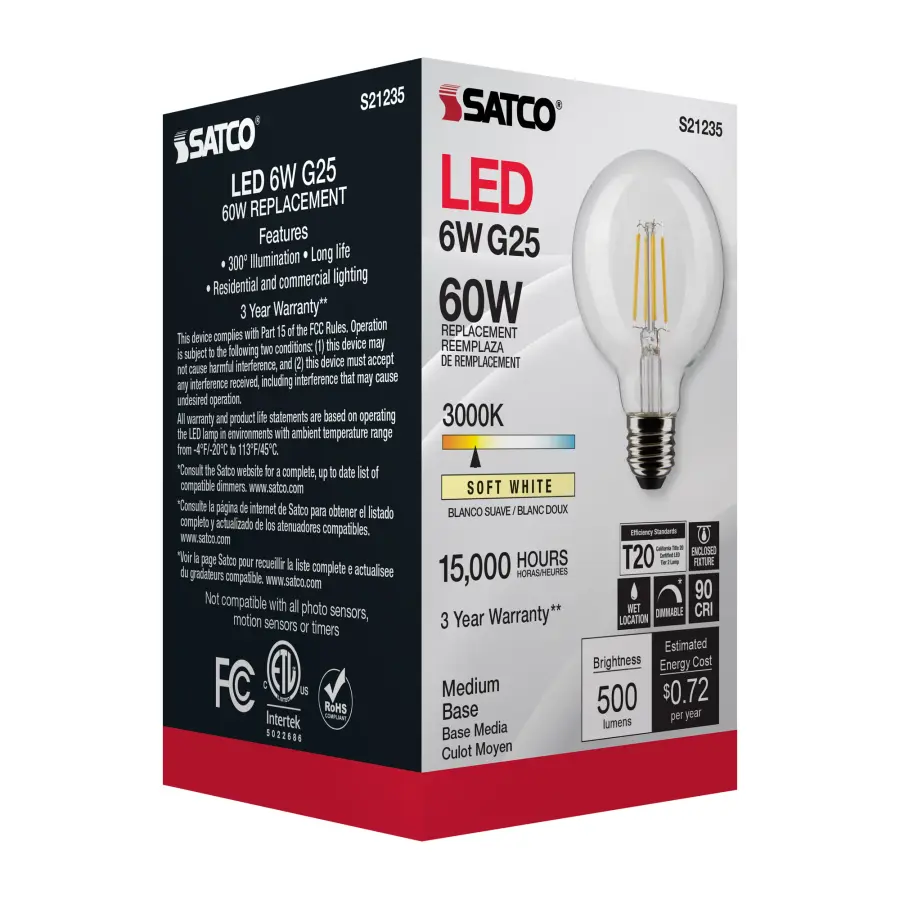 6 Watt G25 LED Filament - Clear - Medium base - 90 CRI - 3000K - 120 Volt - Image 9