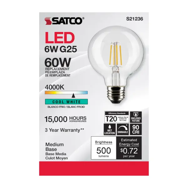 6 Watt G25 LED Filament - Clear - Medium base - 90 CRI - 4000K - 120 Volt - Image 4