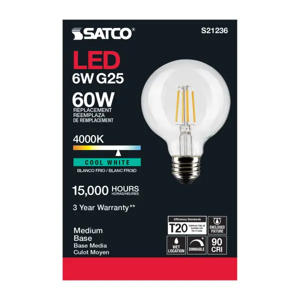 6 Watt G25 LED Filament - Clear - Medium base - 90 CRI - 4000K - 120 Volt - Image 5