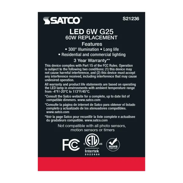6 Watt G25 LED Filament - Clear - Medium base - 90 CRI - 4000K - 120 Volt - Image 7