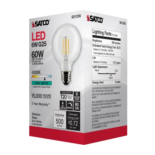6 Watt G25 LED Filament - Clear - Medium base - 90 CRI - 4000K - 120 Volt - Image 8