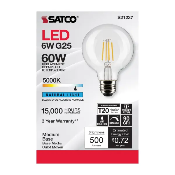 6 Watt G25 LED Filament - Clear - Medium base - 90 CRI - 5000K - 120 Volt - Image 4