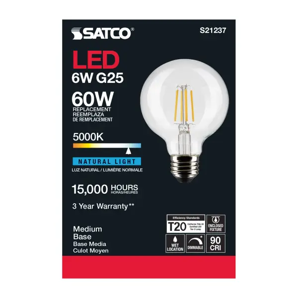 6 Watt G25 LED Filament - Clear - Medium base - 90 CRI - 5000K - 120 Volt - Image 5