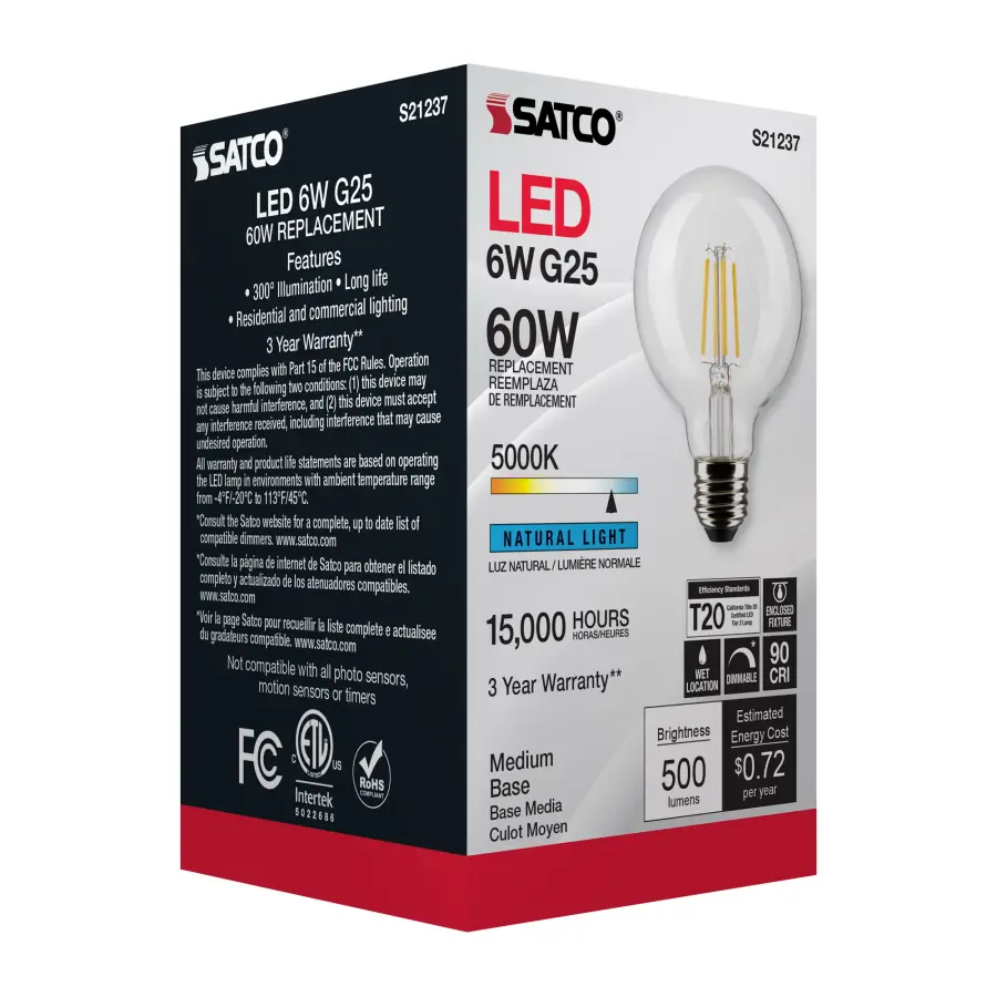 6 Watt G25 LED Filament - Clear - Medium base - 90 CRI - 5000K - 120 Volt - Image 9