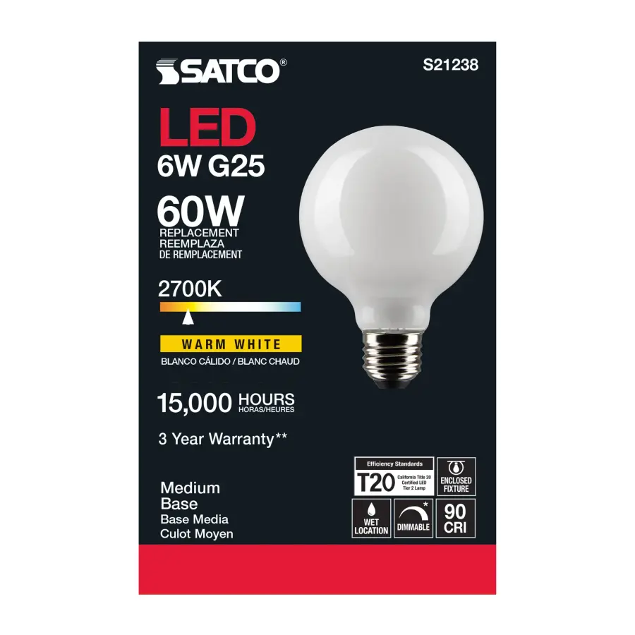 6 Watt G25 LED Filament - White - Medium base - 90 CRI - 2700K - 120 Volt - Image 5