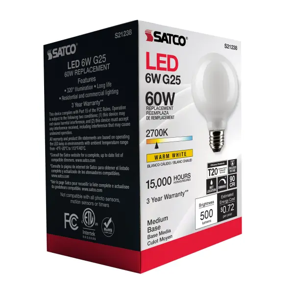 6 Watt G25 LED Filament - White - Medium base - 90 CRI - 2700K - 120 Volt - Image 8