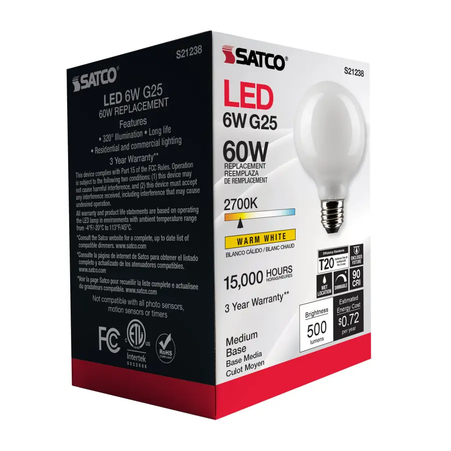 6 Watt G25 LED Filament - White - Medium base - 90 CRI - 2700K - 120 Volt - Image 8
