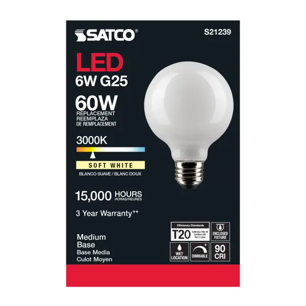 6 Watt G25 LED Filament - White - Medium base - 90 CRI - 3000K - 120 Volt - Image 5