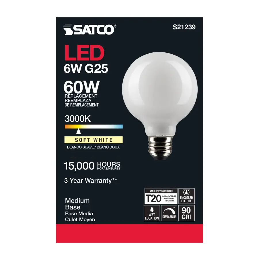 6 Watt G25 LED Filament - White - Medium base - 90 CRI - 3000K - 120 Volt - Image 5