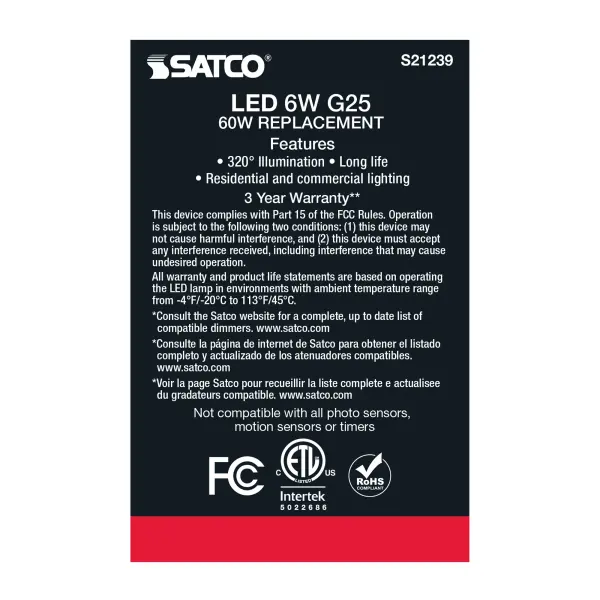 6 Watt G25 LED Filament - White - Medium base - 90 CRI - 3000K - 120 Volt - Image 7