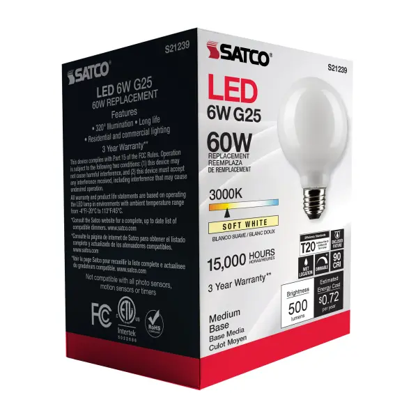 6 Watt G25 LED Filament - White - Medium base - 90 CRI - 3000K - 120 Volt - Image 8